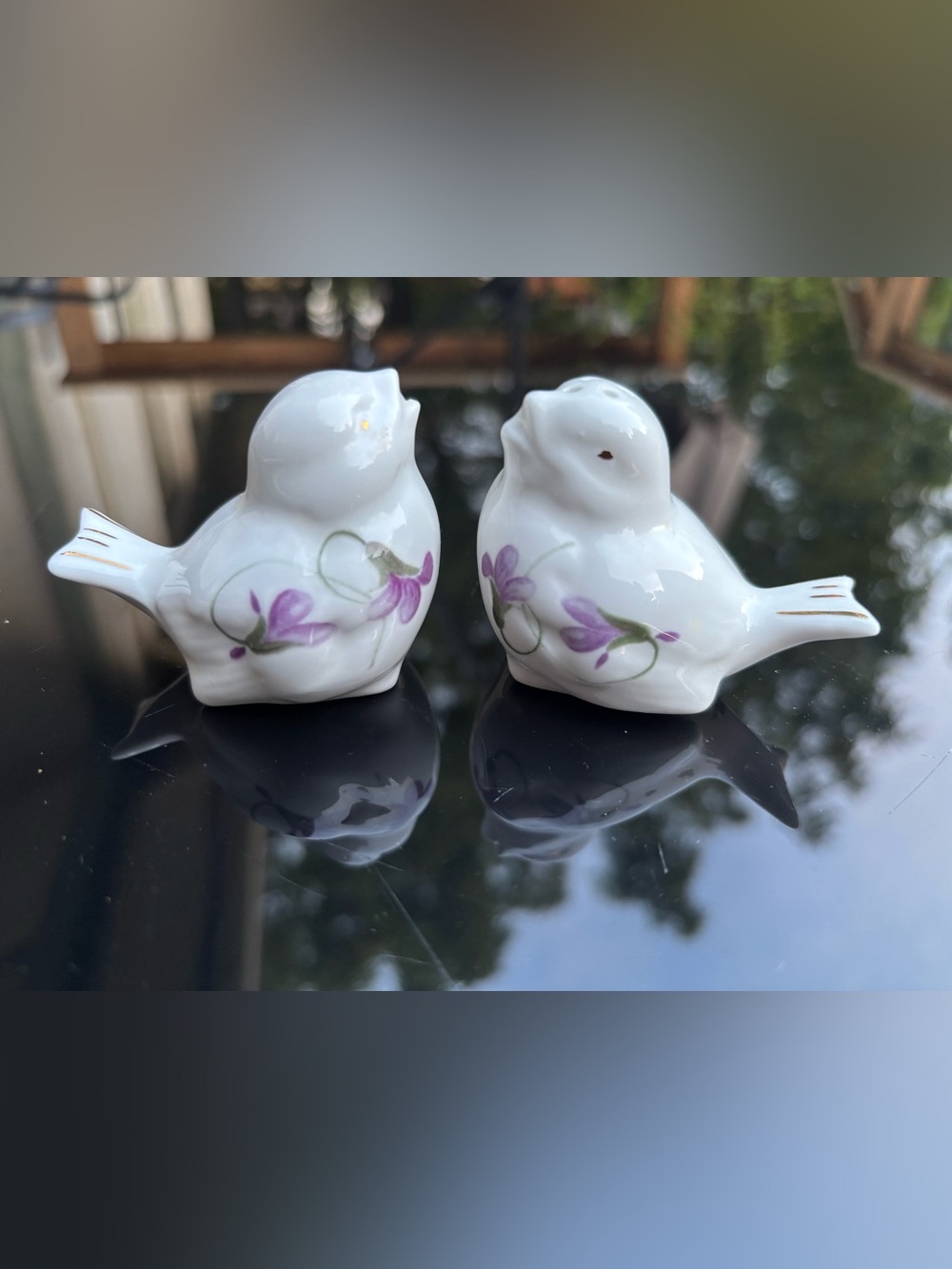 Vintage English Victorian Violets Fine Bone China Bird Salt and Pepper Set